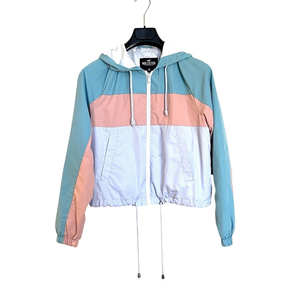 Hollister Cropped Hooded Windbreaker Aqua & Peach color Jacket Women's XS